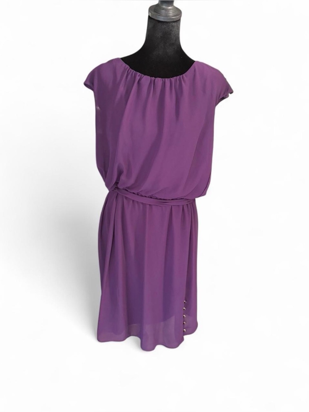 Signature by Robbie Bee Purple Chiffon Blouson Dress Size 14 Belted Career Party - Picture 2 of 6